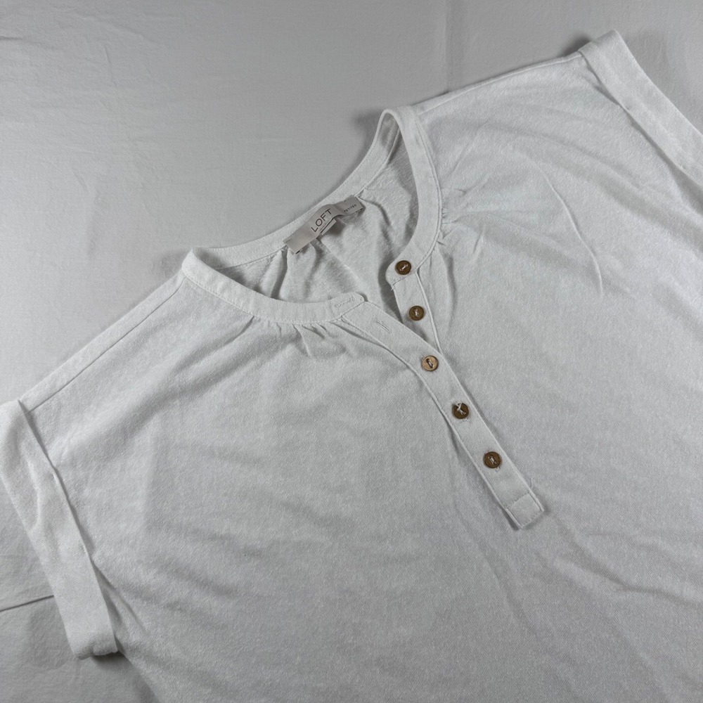 LOFT Women's Petite Size MP White Henley Top Short Sleeve Slub Knit Button Neck